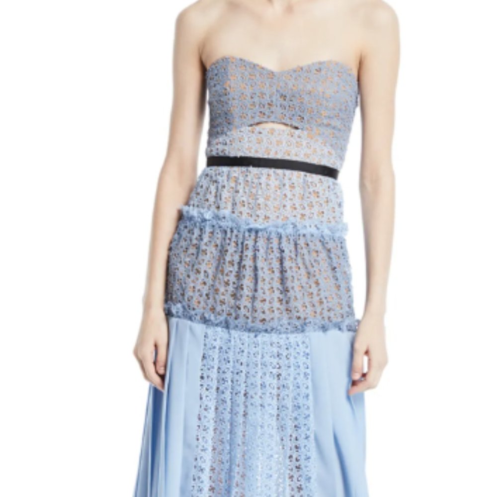 Self-Portrait  Strapless Floral Cutout Cocktail Dress Size 6 Baby Blue